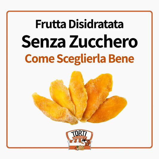 Fette di mango disidratato senza zucchero disposte a ventaglio, guida Torti Frutta Secca su come sceglierla